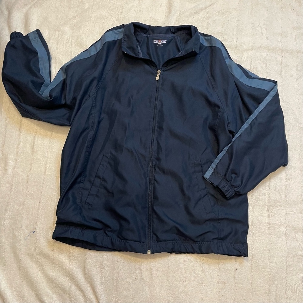 Jerzees Men's Long Sleeve Navy Blue Striped Zip Up Lightweight Jacket Size L